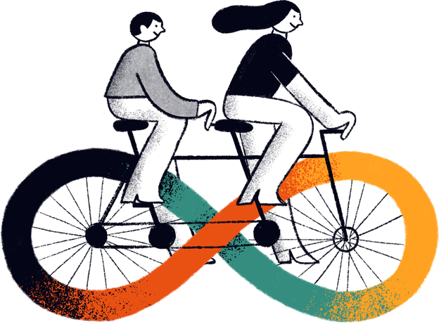ilustración de dos personas en una bicicleta en forma de infinito