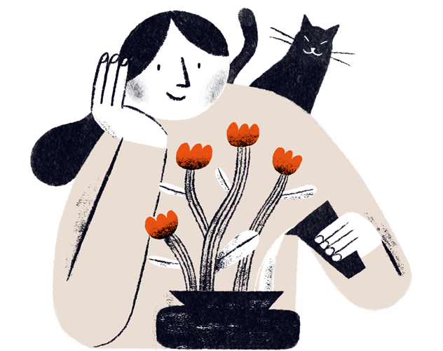 ilustración de una chica regando una planta y un gato asomando